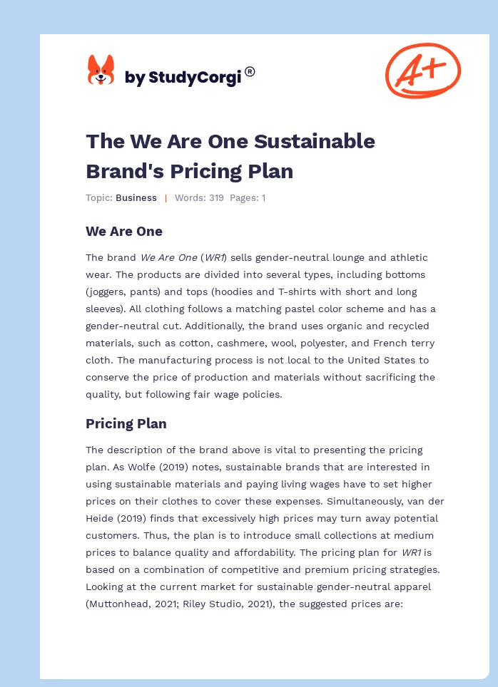 The We Are One Sustainable Brand's Pricing Plan. Page 1