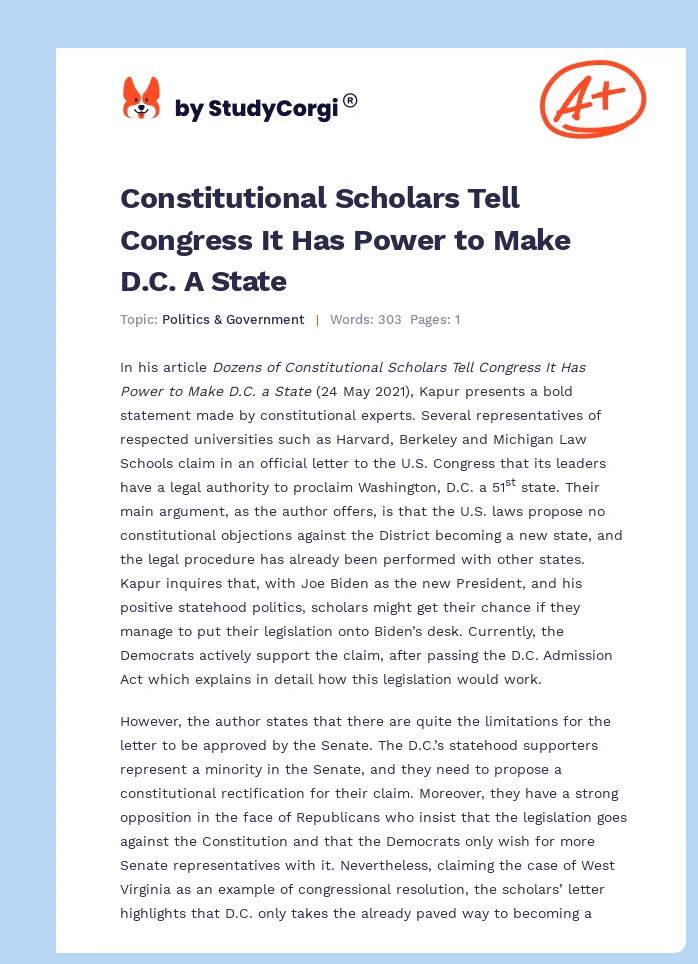 Constitutional Scholars Tell Congress It Has Power to Make D.C. A State. Page 1
