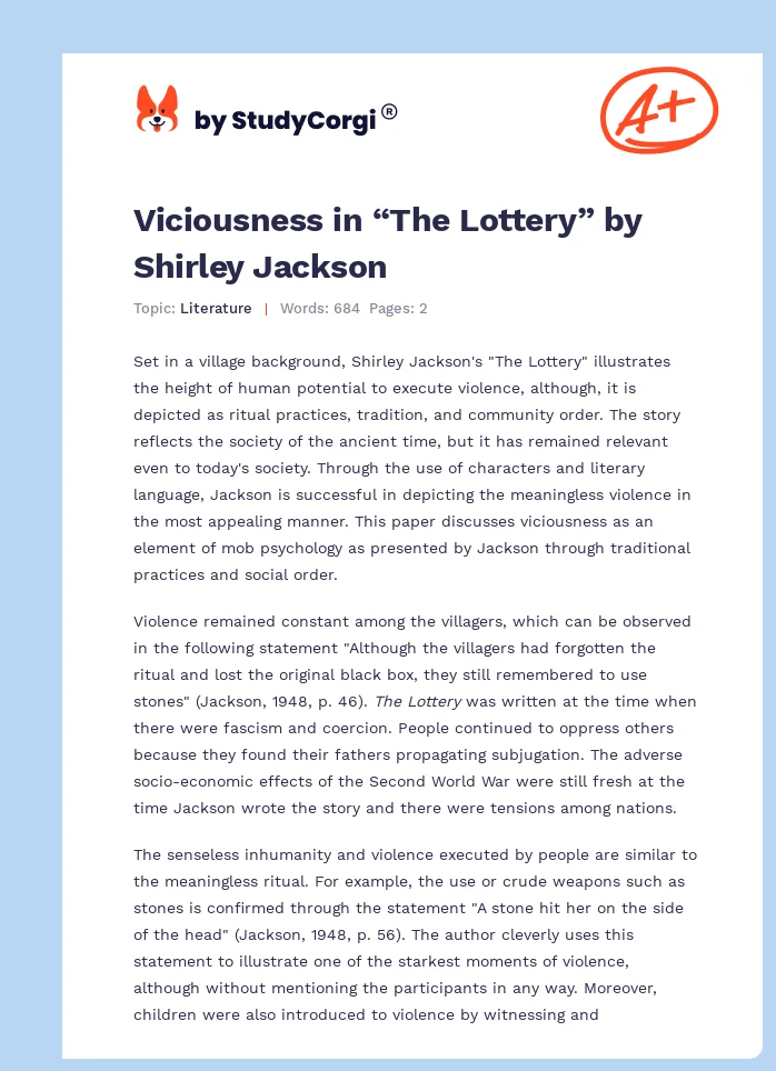 Viciousness in “The Lottery” by Shirley Jackson. Page 1