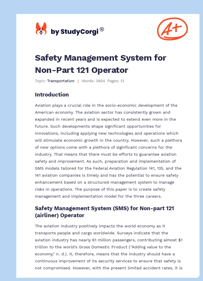 Safety Management System for Non-Part 121 Operator. Page 1