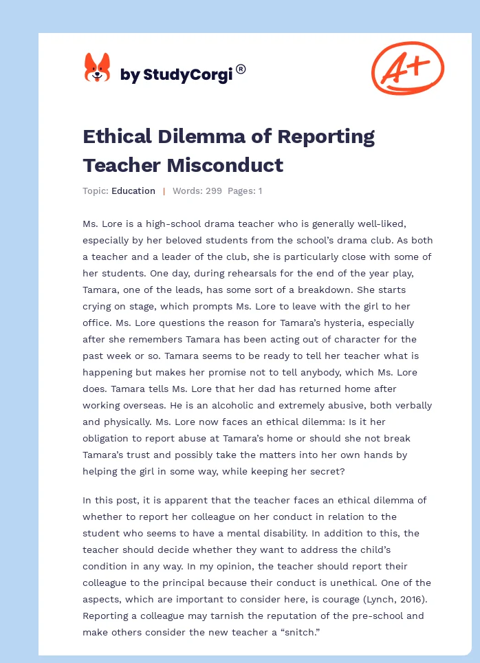 Ethical Dilemma of Reporting Teacher Misconduct. Page 1
