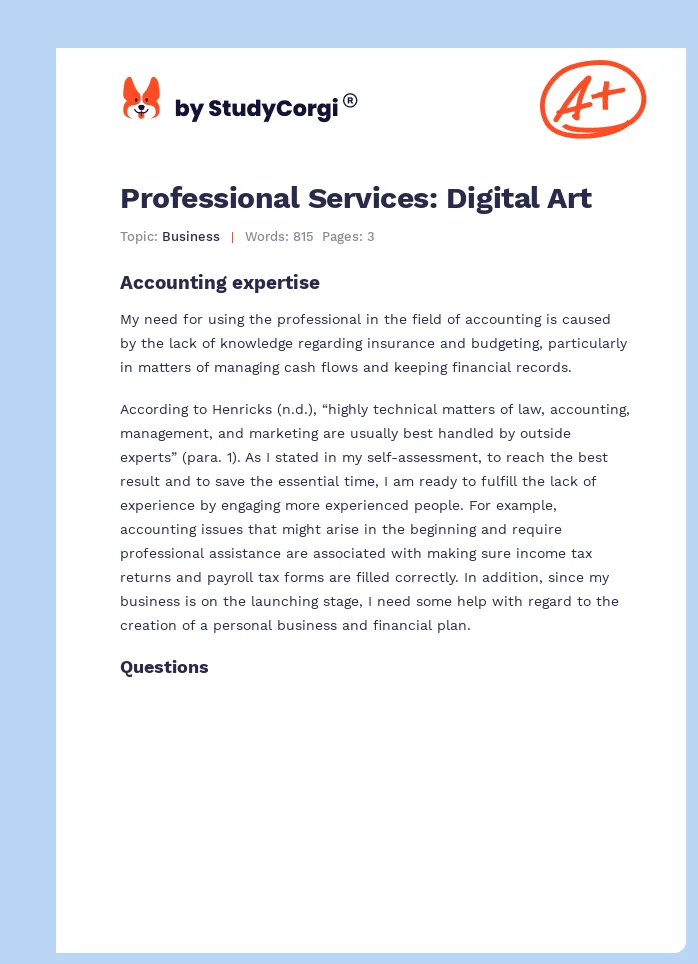 Professional Services: Digital Art. Page 1