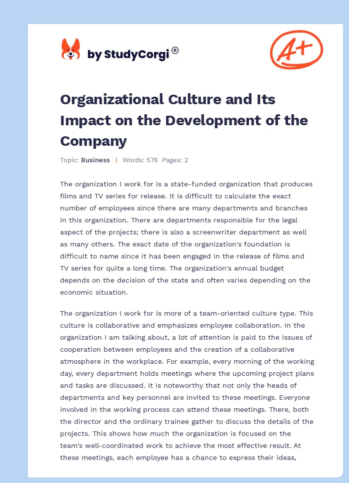Organizational Culture and Its Impact on the Development of the Company. Page 1