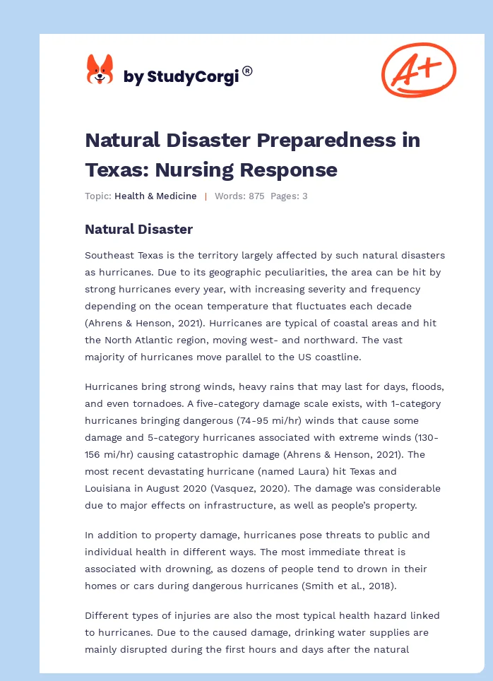 Natural Disaster Preparedness in Texas: Nursing Response. Page 1