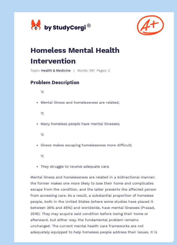 Homeless Mental Health Intervention. Page 1