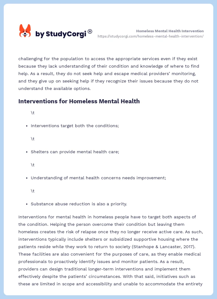 Homeless Mental Health Intervention. Page 2