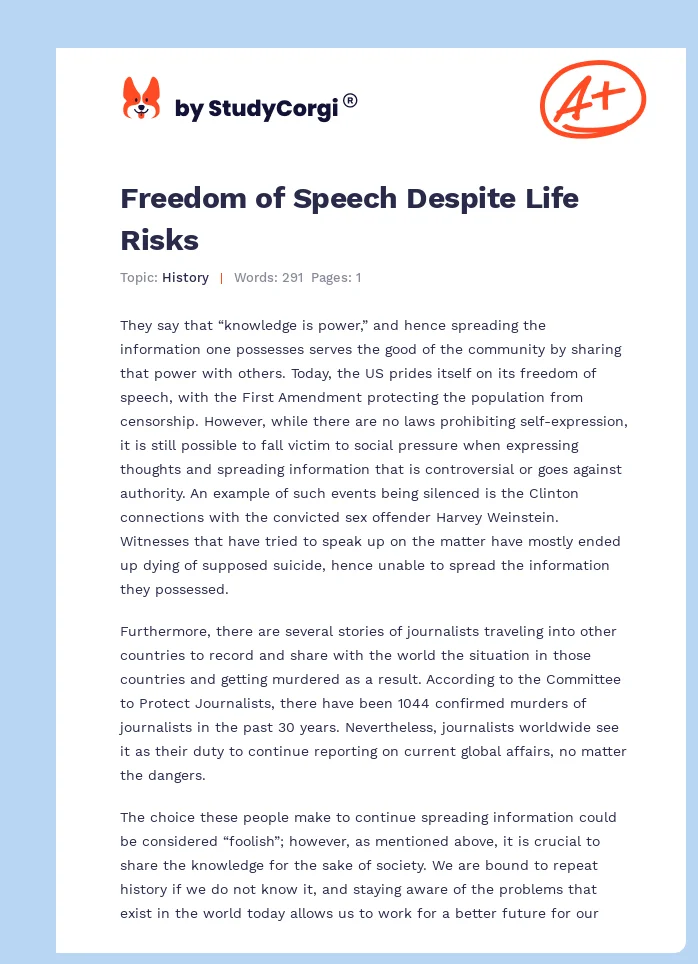 Freedom of Speech Despite Life Risks. Page 1