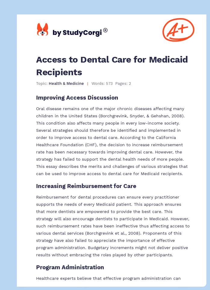 Access to Dental Care for Medicaid Recipients. Page 1