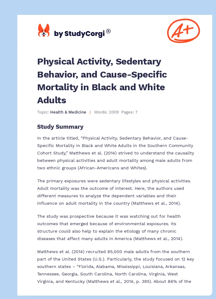 Physical Activity, Sedentary Behavior, and Cause-Specific Mortality in Black and White Adults. Page 1