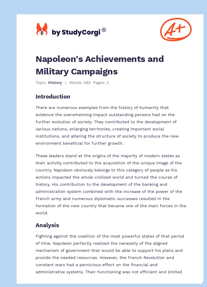 Napoleon's Achievements and Military Campaigns. Page 1