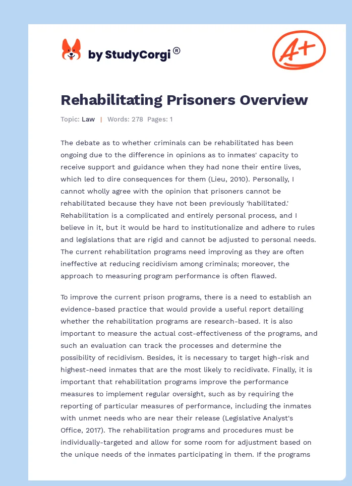 Rehabilitating Prisoners Overview. Page 1