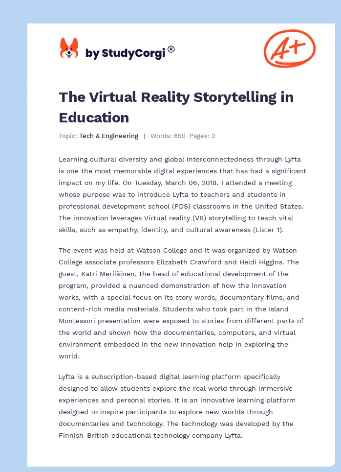 The Virtual Reality Storytelling in Education. Page 1