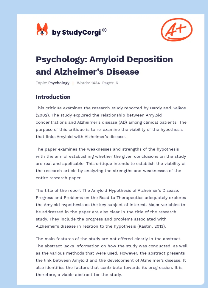 Psychology: Amyloid Deposition and Alzheimer’s Disease. Page 1