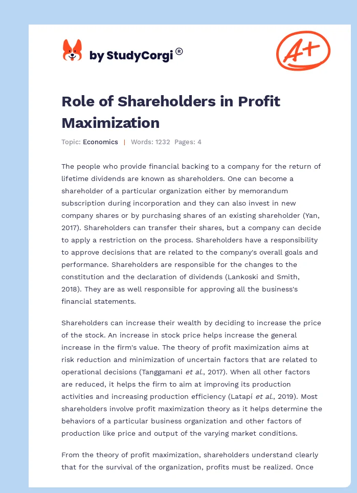 Role of Shareholders in Profit Maximization. Page 1