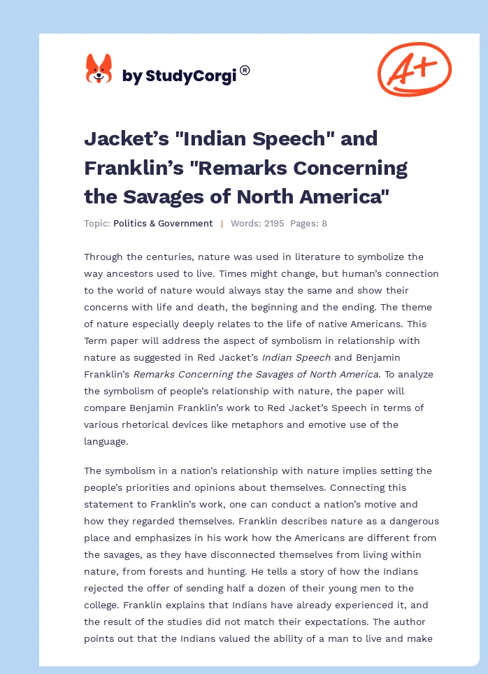 Jacket’s "Indian Speech" and Franklin’s "Remarks Concerning the Savages of North America". Page 1