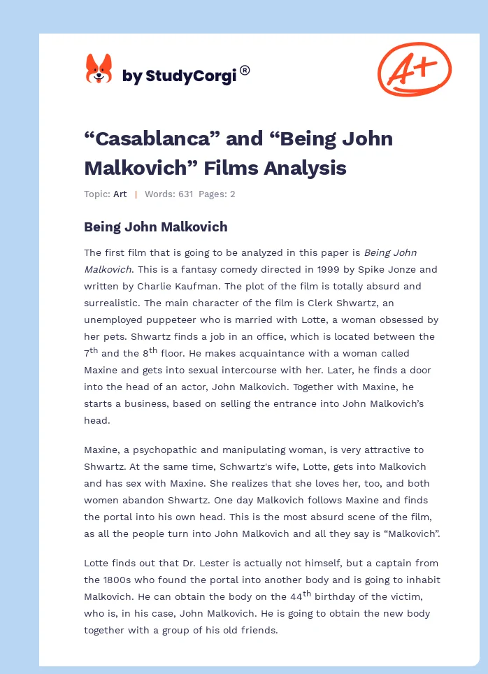 “Casablanca” and “Being John Malkovich” Films Analysis. Page 1