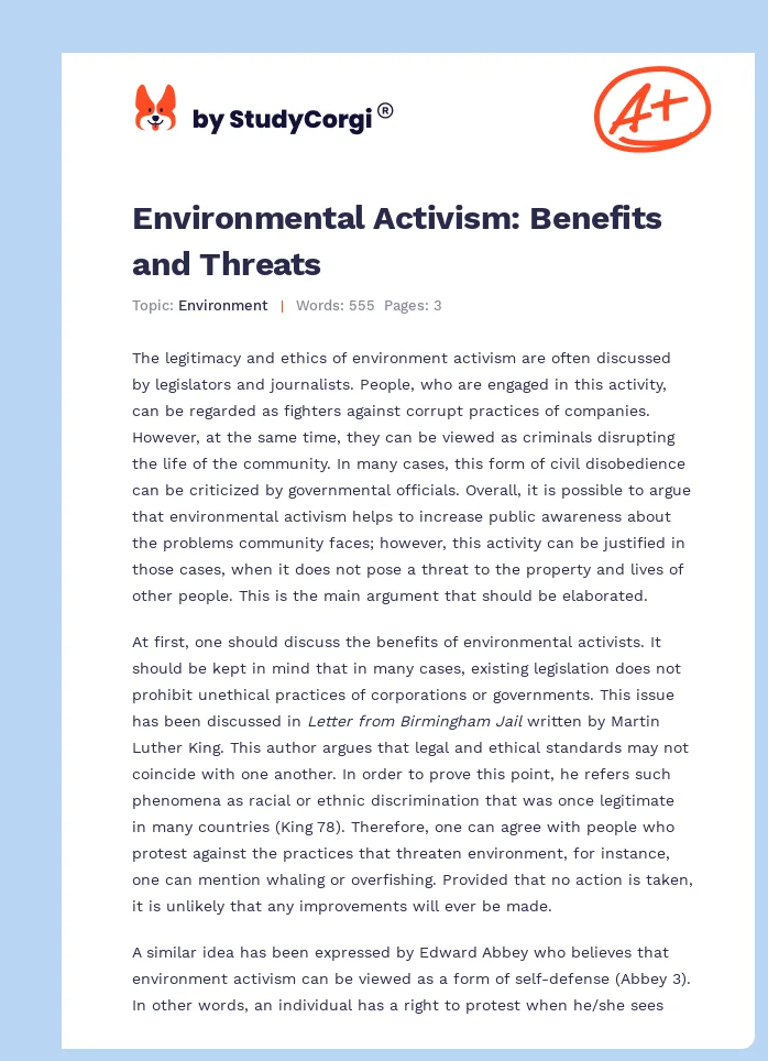 Environmental Activism: Benefits and Threats. Page 1