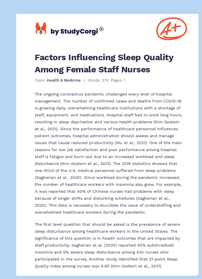 Factors Influencing Sleep Quality Among Female Staff Nurses. Page 1