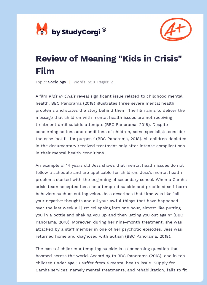 Review of Meaning "Kids in Crisis" Film. Page 1