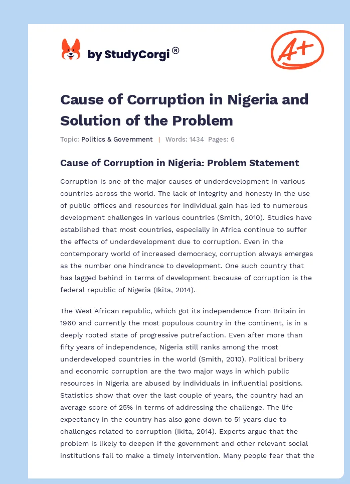 Cause of Corruption in Nigeria and Solution of the Problem. Page 1