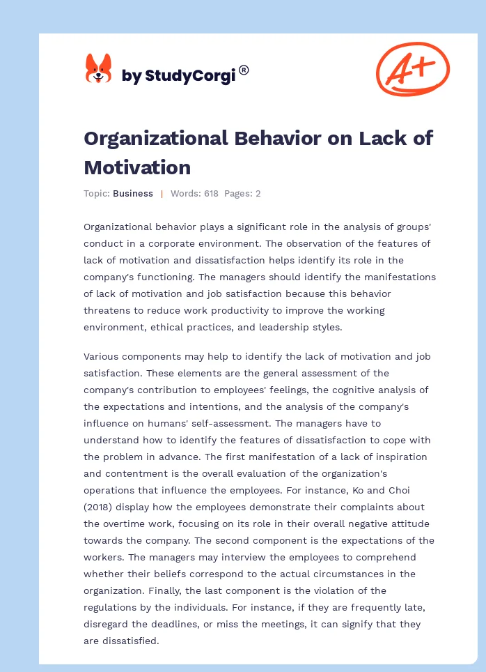 Organizational Behavior on Lack of Motivation. Page 1