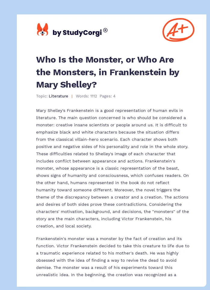 Who Is the Monster, or Who Are the Monsters, in Frankenstein by Mary Shelley?. Page 1