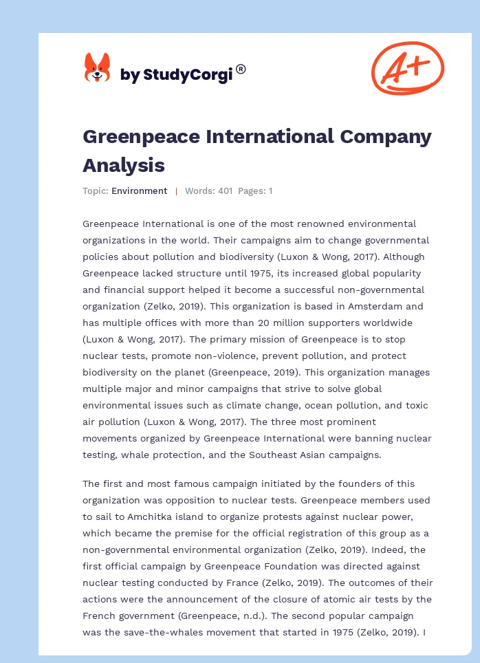 Greenpeace International Company Analysis. Page 1