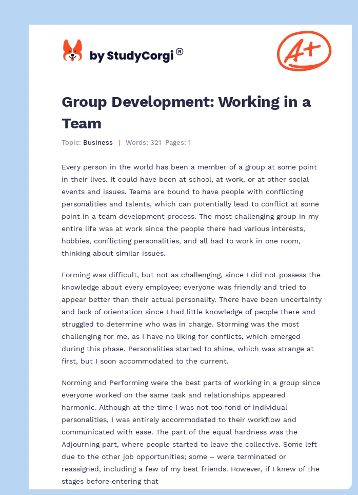 Group Development: Working in a Team. Page 1