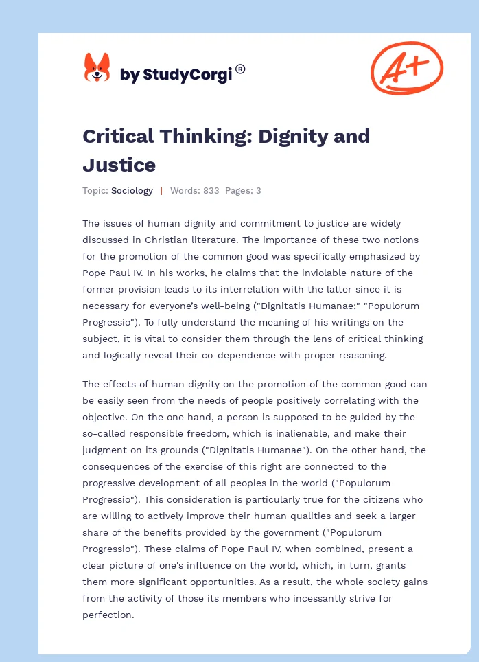 Critical Thinking: Dignity and Justice. Page 1