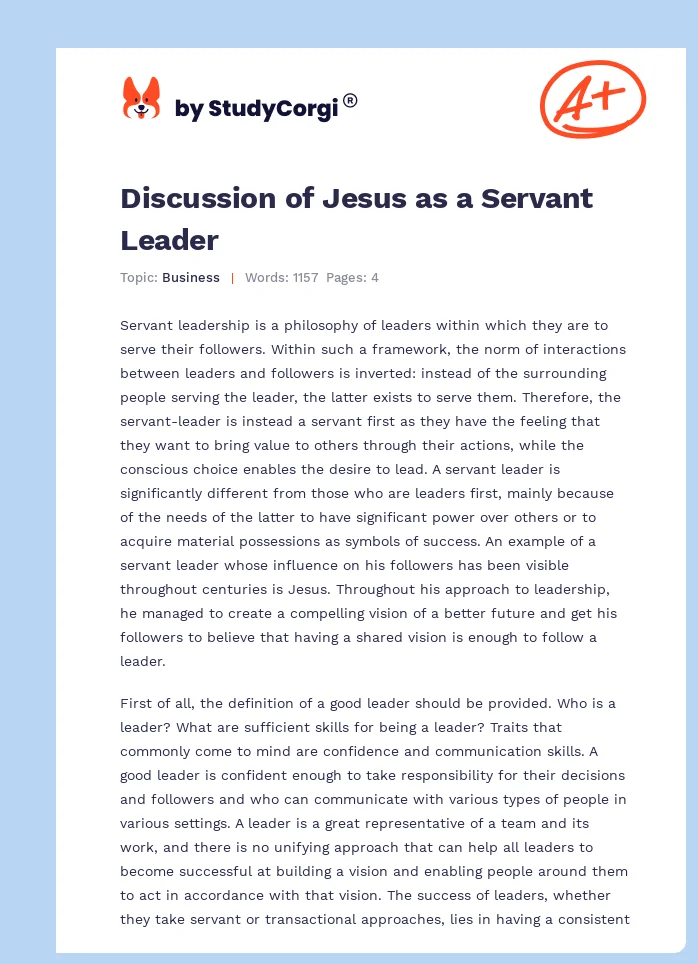 Discussion of Jesus as a Servant Leader. Page 1