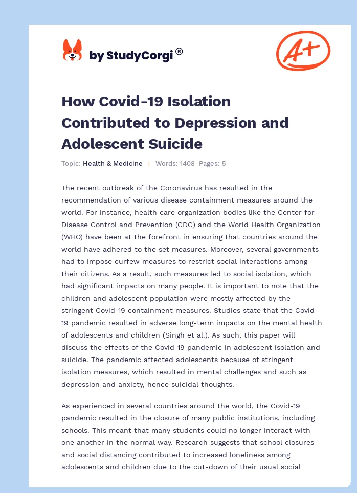 How Covid-19 Isolation Contributed to Depression and Adolescent Suicide. Page 1