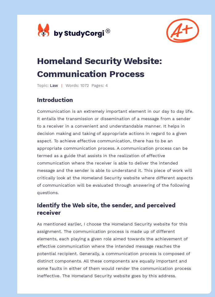Homeland Security Website: Communication Process. Page 1