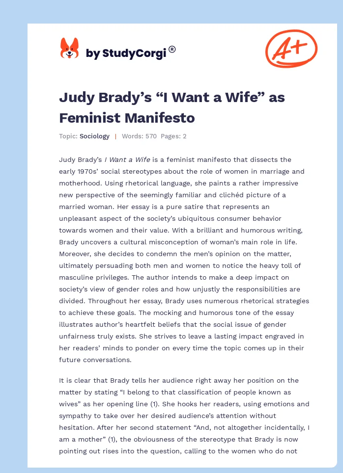 Judy Brady’s “I Want a Wife” as Feminist Manifesto. Page 1