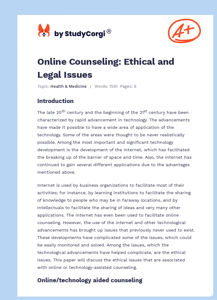 Online Counseling: Ethical and Legal Issues. Page 1