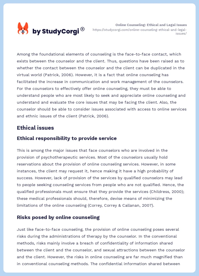 Online Counseling: Ethical and Legal Issues. Page 2