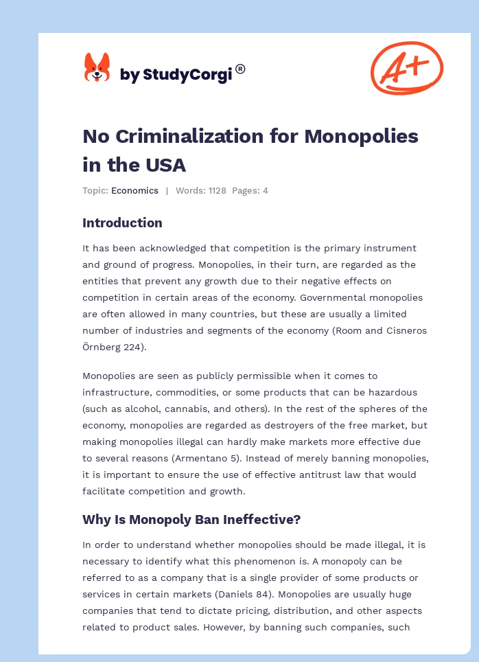 No Criminalization for Monopolies in the USA. Page 1