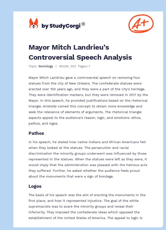 Mayor Mitch Landrieu’s Controversial Speech Analysis. Page 1