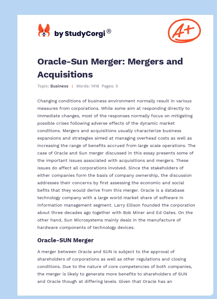 Oracle-Sun Merger: Mergers and Acquisitions. Page 1
