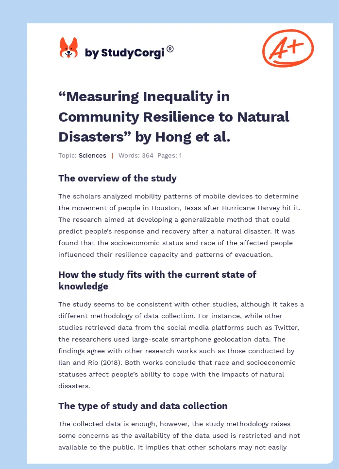“Measuring Inequality in Community Resilience to Natural Disasters” by Hong et al.. Page 1
