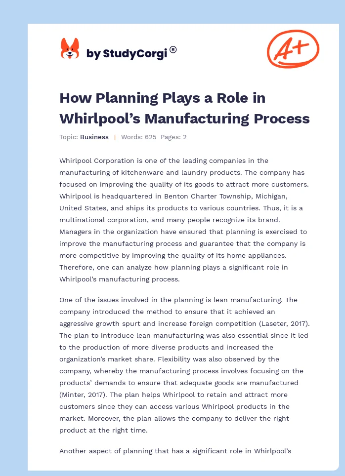 How Planning Plays a Role in Whirlpool’s Manufacturing Process. Page 1
