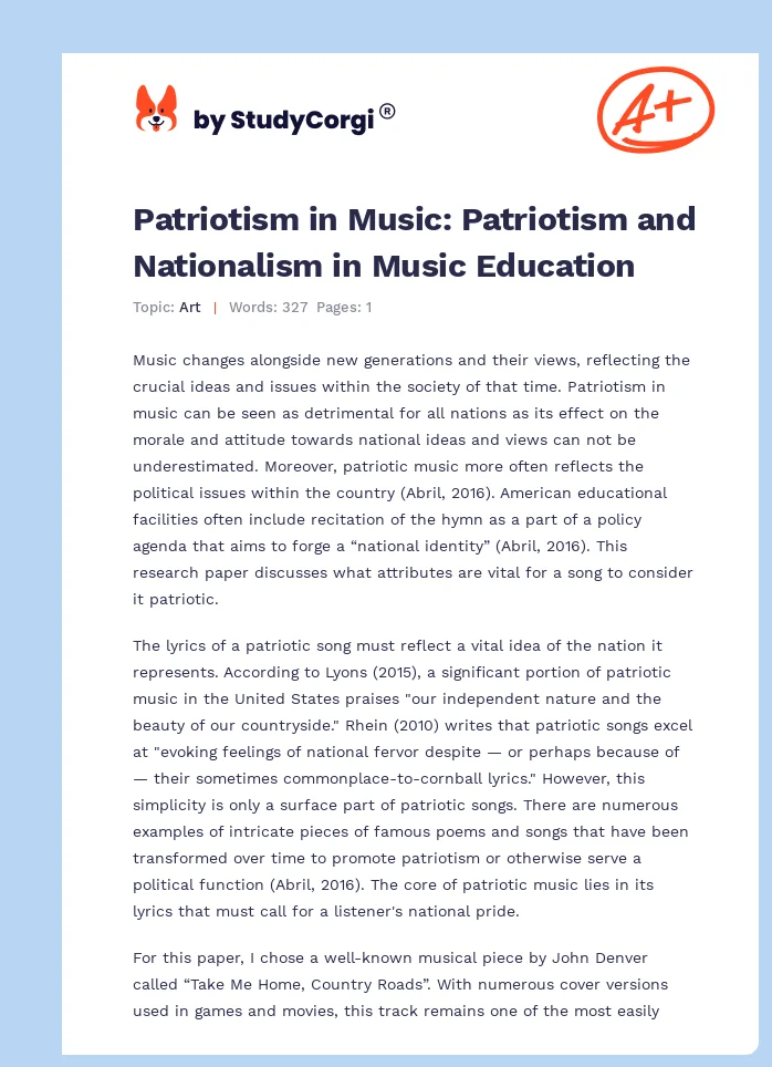 Patriotism in Music: Patriotism and Nationalism in Music Education. Page 1
