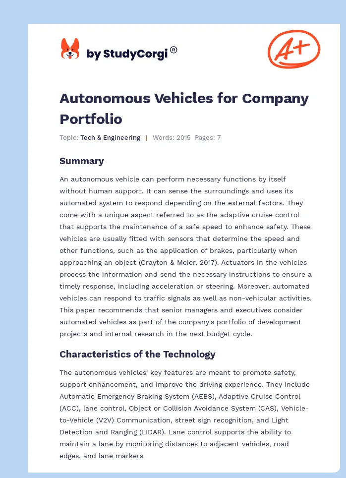 Autonomous Vehicles for Company Portfolio. Page 1