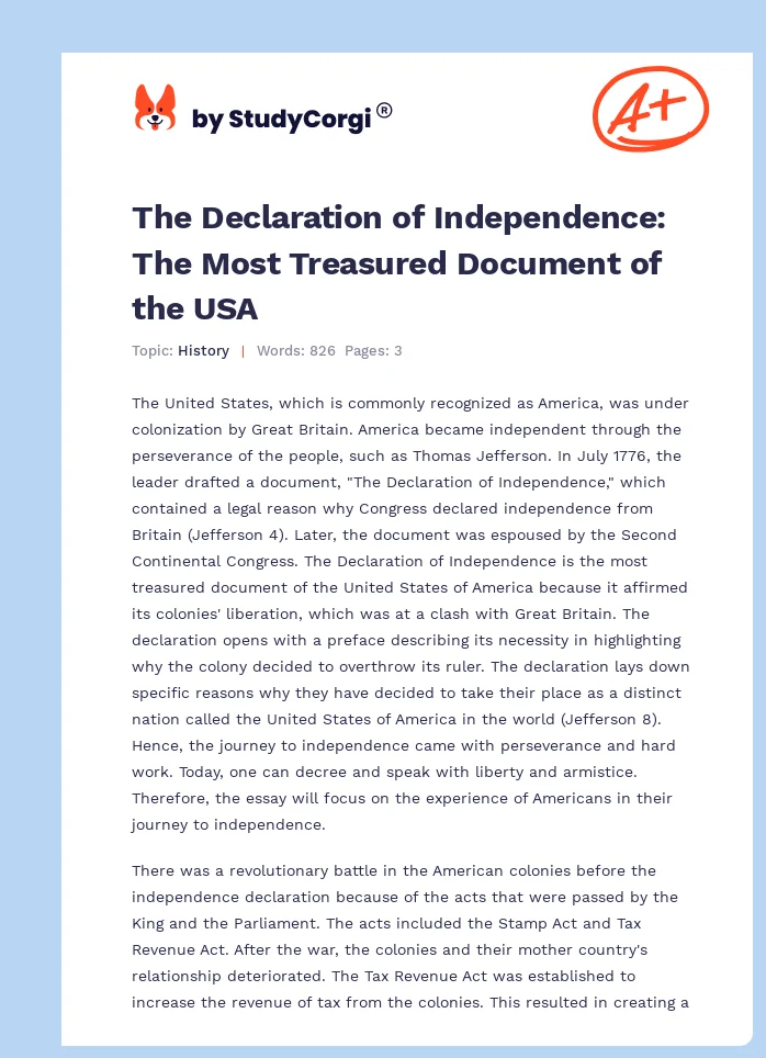 The Declaration of Independence: The Most Treasured Document of the USA. Page 1