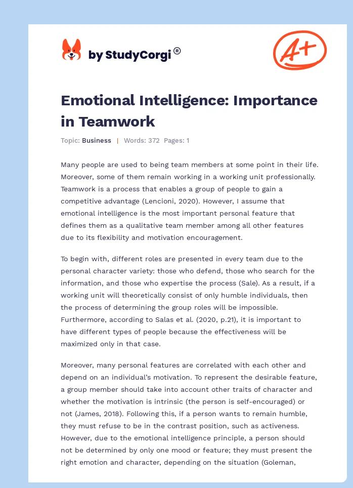 Emotional Intelligence: Importance in Teamwork. Page 1