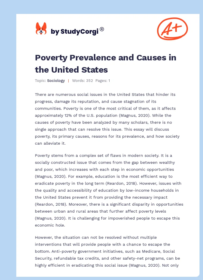 Poverty Prevalence and Causes in the United States. Page 1