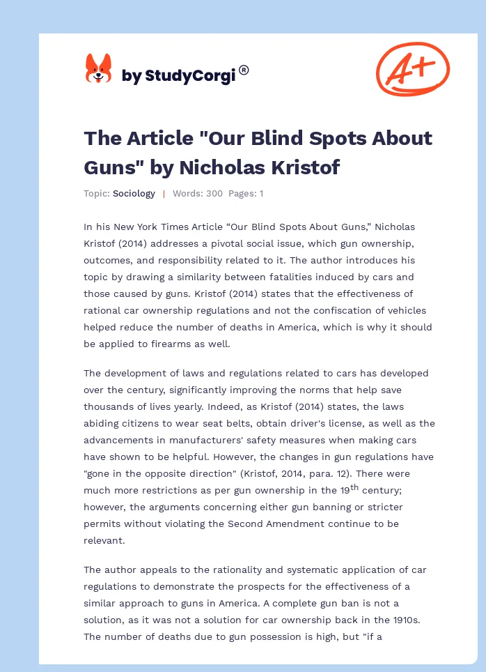 The Article "Our Blind Spots About Guns" by Nicholas Kristof. Page 1