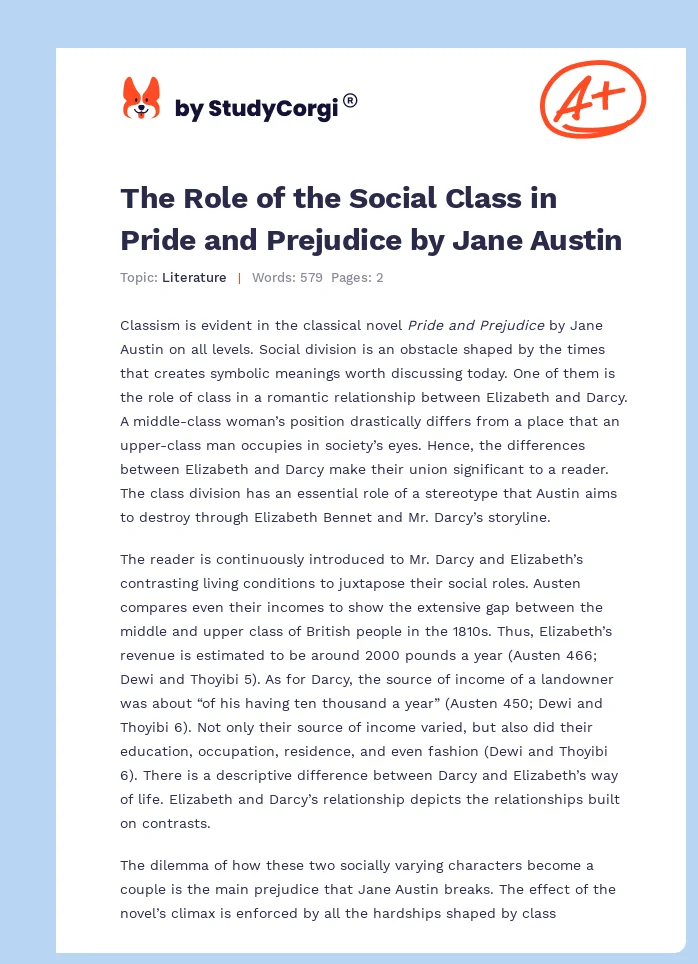 The Role of the Social Class in Pride and Prejudice by Jane Austin. Page 1