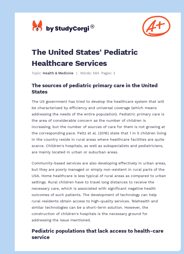 The United States' Pediatric Healthcare Services. Page 1