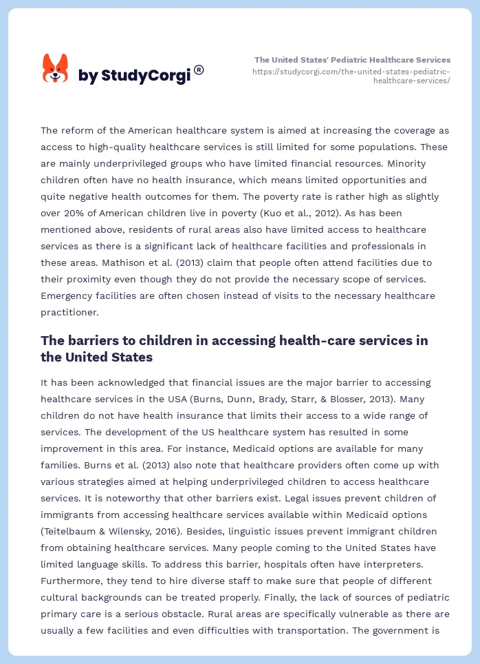 The United States' Pediatric Healthcare Services. Page 2