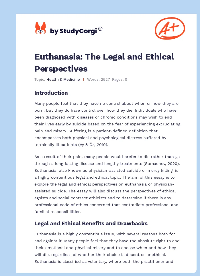 Euthanasia: The Legal and Ethical Perspectives. Page 1